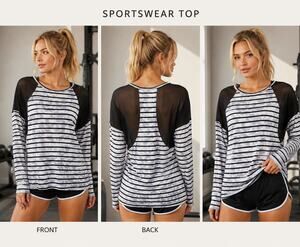 Betsey Johnson Striped Mesh Back Long Sleeve Top Size Small Black White Athletic